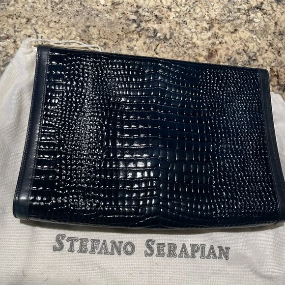 Stefano Serapian navy blue alligator crocodile embossed leather clutch vintage - Picture 5 of 8